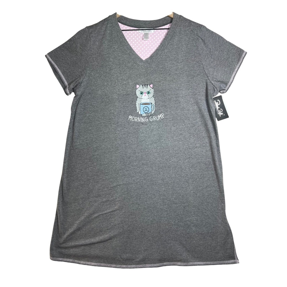 Rene Rofe Women Morning Grump Cat Sleep Shirt Grey V-Neck Nightgown 1X NWT
